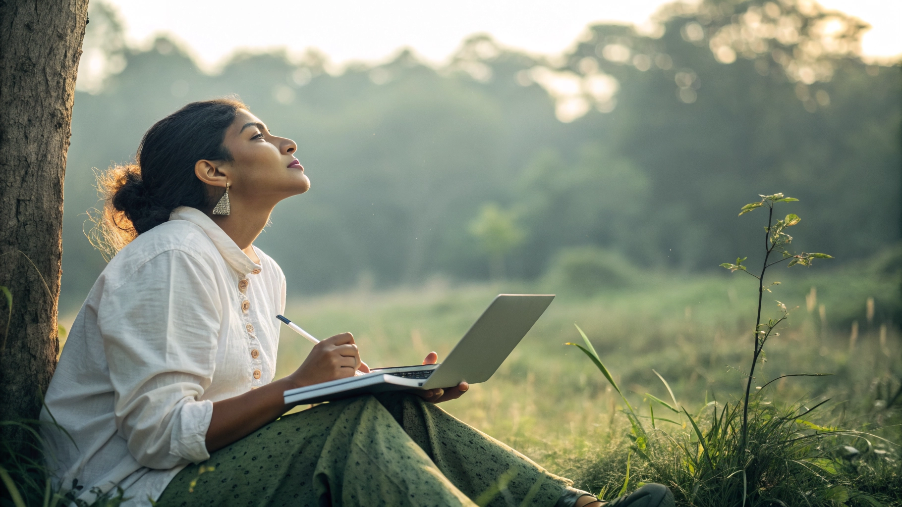 A young Indian woman sitting thoughtfully with a laptop and notebook in a natural, realistic setting, contemplating her life direction.